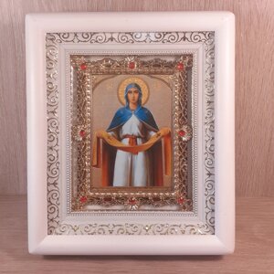 Ікона Покрова Пресвята Богородиці, лик 10х12 см, у білому дерев'яному кіоті з камінням