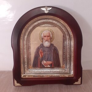 Ікона преподобного Сергія Радонезького, лік 15х18 см, у темному дерев'яному кіоті, арка