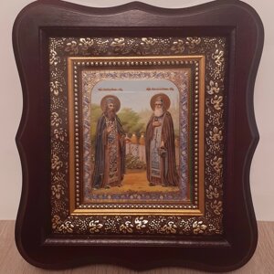 Ікона Преподобним Зосимі та Саватію Соловецьким Чудотворцям, лик 10х12 см, у темному дерев'яному кіоті