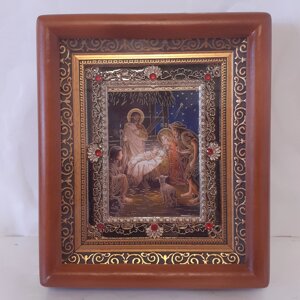 Ікона Різдво Христове, лик 10х12 см, у коричневому дерев'яному кіоті з камінням