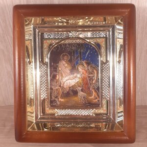 Ікона Різдво Христове, лик 10х12 см, у світлому прямому дерев'яному кіоті з арочним багетом
