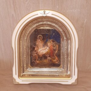 Ікона Різдво Христове, лик 15х18 см, у білому дерев'яному кіоті зі вставками, арка