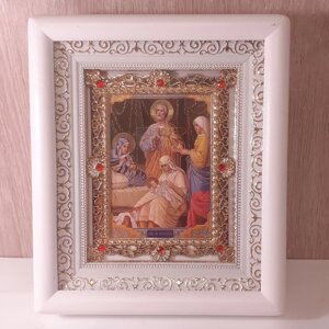 Ікона Різдво Пресвятої Богородиці, лик 10х12 см, у білому дерев'яному кіоті з камінням