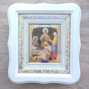 Ікона Різдво Пресвятої Богородиці, лик 10х12 см, у білому фігурному дерев'яному кіоті