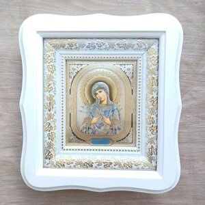 Ікона Семистрільна Пресвята Богородиця, лик 10х12 см, у білому фігурному дерев'яному кіоті