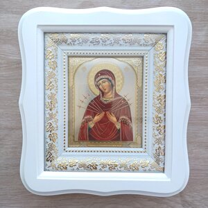 Ікона Семистрільна Пресвята Богородиця, лик 10х12 см, у білому фігурному дерев'яному кіоті