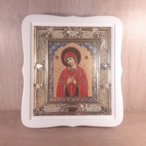 Ікона Семистрільна Пресвятої Богородиці, лик 15х18 см, у білому фігурному кіоті, тип 2
