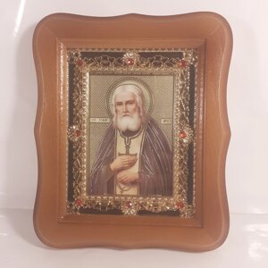 Ікона Серафим Саровський преподобний чудотворець, лик 10х12 см, у світлому дерев'яному кіоті з камінням