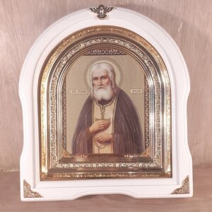 Ікона Серафим Саровський преподобний чудотворець, лик 15х18 см, у білому дерев'яному кіоті, арка