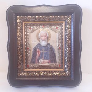 Ікона Сергія Радонезького преподобного, лик 10х12 см, у темному дерев'яному кіоті зі вставками