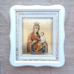 Ікона Скоропослушниця Пресвята Богородиця, лик 15х18 см, у білому фігурному дерев'яному кіоті, тип 3