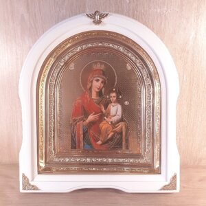 Ікона Швидкослухняниця Пресвятої Богородиці, лик 15х18 см, у білому дерев'яному кіоті, арка