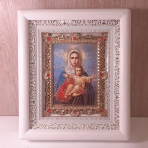 Ікона Смоленська Пресвята Богородиця, лик 10х12 см, у білому дерев'яному кіоті з камінням