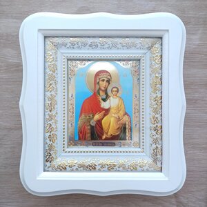 Ікона Смоленська Пресвята Богородиця, лик 10х12 см, у білому фігурному дерев'яному кіоті
