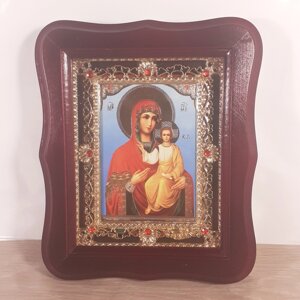 Ікона Смоленська Пресвята Богородиця, лик 10х12 см, у темному дерев'яному кіоті з камінням
