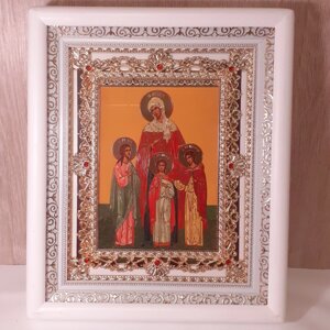 Ікона Софія, Віра, Любов, Надія святі мучениці, лик 15х18 см, в білому кіоті з камінням