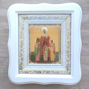 Ікона Софія, Віра, Надія і Любов святі мучениці, лик 10х12 см, у білому фігурному дерев'яному кіоті