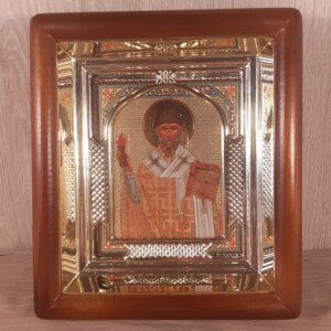 Ікона Спиридону святителю, лик 10х12 см, у світлому прямому дерев'яному кіоті з арочним багетом.