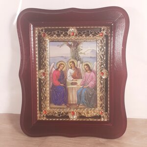 Ікона свята Трійця, лик 10х12 см, у темному дерев'яному кіоті з камінням