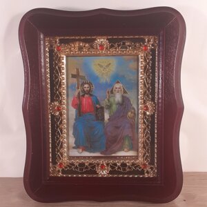 Ікона свята Трійця, лик 10х12 см, у темному дерев'яному кіоті з камінням