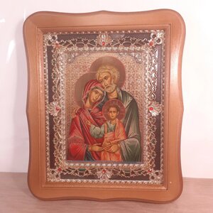 Ікона Святе Сімейство, лик 15х18 см, у світлому дерев'яному кіоті з камінням