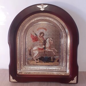 Ікона Святому Великоманіку та переможносвіжувачу Георгію, лік 15х18 см, у темному дерев'яному кіоті, арка