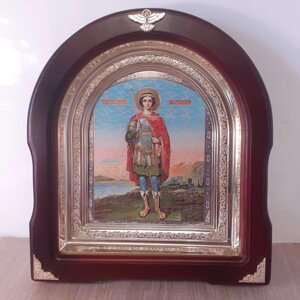 Ікона Великому Великомченику та переможниць Георгію, лік 15х18 см, у темному дерев'яному кіоті, арка
