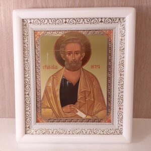 Ікона Петро святий апостол, лик 15х18 см, у білому дерев'яному кіоті