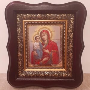 Ікона Пресвята Богородиця Троєручиця, лик 10х12 см, в темному дерев'яному кіоті