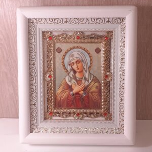 Ікона Розчулення Пресвята Богородиця, лик 10х12 см, у білому дерев'яному кіоті з камінням
