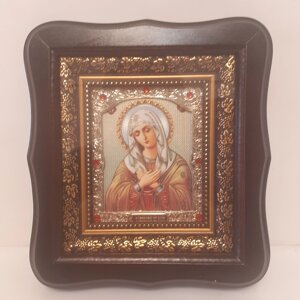 Ікона Розчулення Пресвята Богородиця, лик 10х12 см, у темному дерев'яному кіоті зі вставками