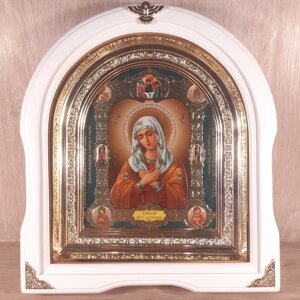 Ікона Розчулення Пресвята Богородиця, лик 15х18 см, у білому дерев'яному кіоті, арка