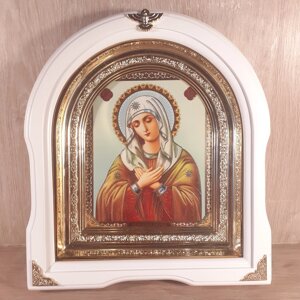Ікона Розчулення Пресвята Богородиця, лик 15х18 см, у білому дерев'яному кіоті, арка