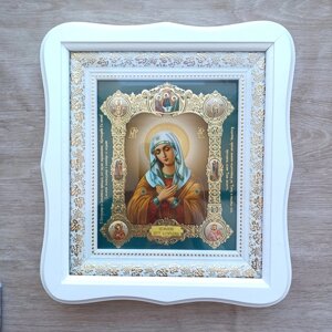 Ікона Розчулення Пресвята Богородиця, лик 15х18 см, у білому фігурному дерев'яному кіоті, тип 3