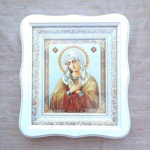 Ікона Розчулення Пресвята Богородиця, лик 15х18 см, у білому фігурному дерев'яному кіоті, тип 3