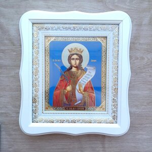 Ікона Варвара свята великомучениця, лик 15х18 см, у білому фігурному дерев'яному кіоті, тип 3