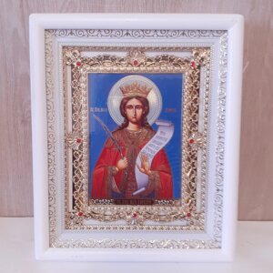 Ікона Варвара свята великомучениця, лик 15х18 см, в білому кіоті з камінням