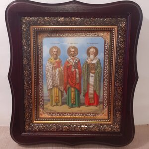 Ікона Василій Великий, Іоанн Златоуст, Григорій Богослов святі, лик 15х18 см, у темному дерев'яному кіоті