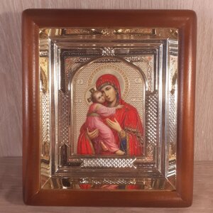 Ікона Володимирська Пресвята Богородиця, лік 10х12 см, у світлому прямому дерев'яному кіоті з арковим багетом