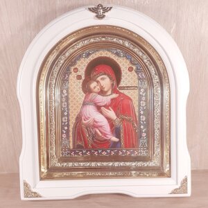 Ікона Володимирська Пресвята Богородиця, лик 15х18 см, у білому дерев'яному кіоті, арка