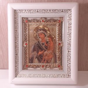 Ікона Виховання Пресвята Богородиця, лик 10х12 см, у білому дерев'яному кіоті з камінням