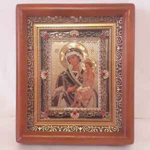 Ікона Виховання Пресвята Богородиця, лик 10х12 см, у коричневому дерев'яному кіоті з камінням