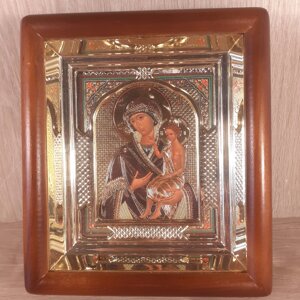 Ікона Виховання Пресвята Богородиця, лик 10х12 см, у світлому прямому дерев'яному кіоті з арочним багетом