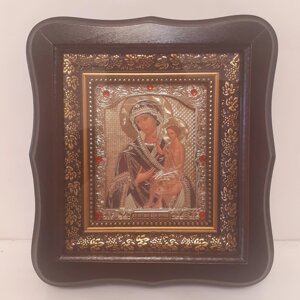 Ікона Виховання Пресвята Богородиця, лик 10х12 см, в темному дерев'яному кіоті зі вставками