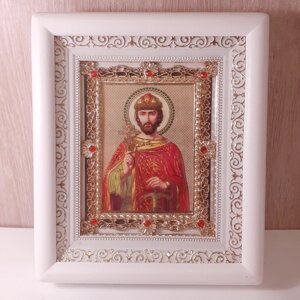 Ікона Ярослав Мудрий святий благовірний князь, лик 10х12 см, у білому дерев'яному кіоті з камінням