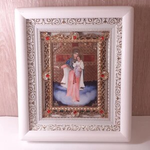 Ікона Явлення про Війну Пресвятої Богородиці, лик 10х12 см, у білому дерев'яному кіоті з камінням