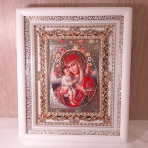 Ікона Жировицька Божа Матір, лик 15х18 см, в білому кіоті з камінням