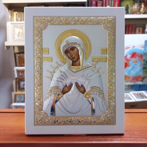 Срібна ікона 18,5х23,5 см Божої Матері Семистрільна на білому дереві з Греції