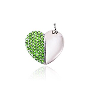 Флешка у формі серця 32 Гб USB 3.0 швидкісна з камінням і ланцюжком срібло+зелений