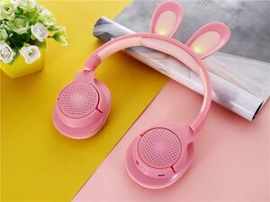Навушники з вушками "Rabbit", Bluetooth, Aux, TF, LED підсвічування, Pink